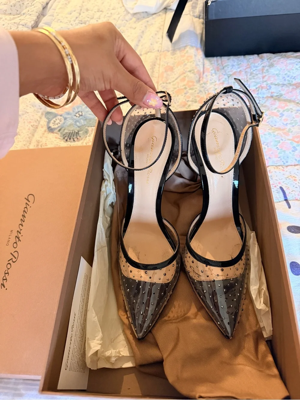 Gianvito Rossi Black Pointed Mesh Slingback Heels